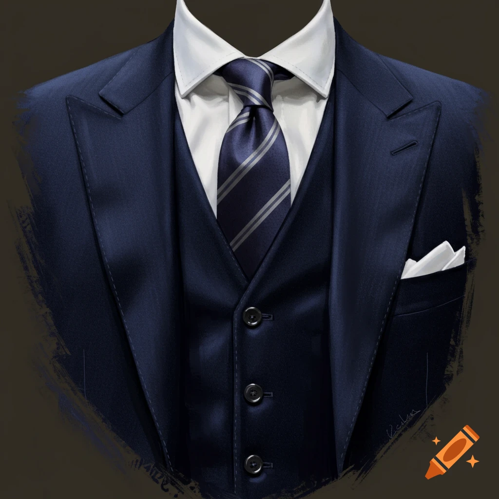 A close-up of a navy blue three-piece suit with a white shirt and striped tie.