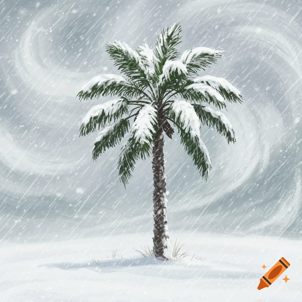 A snow-covered palm tree stands firm amidst a blizzard.
