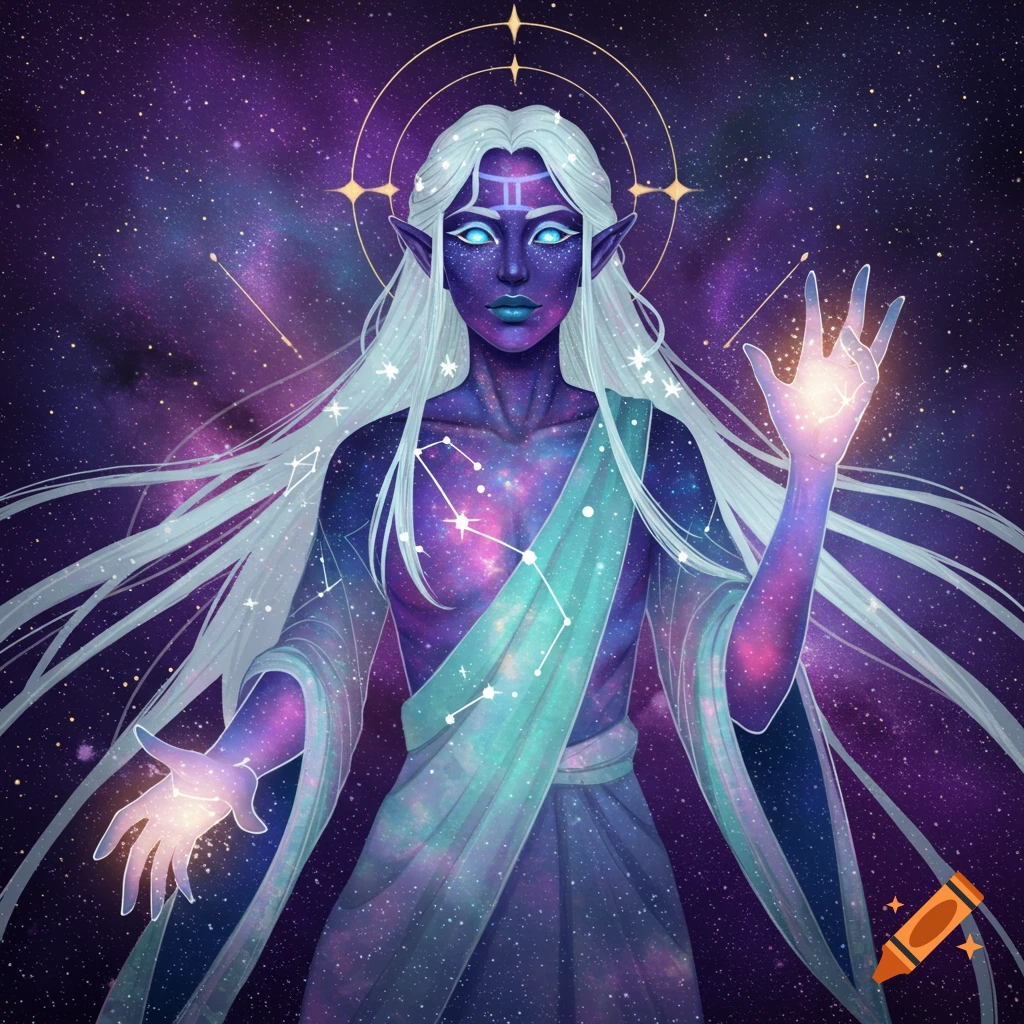 A cosmic figure representing Gemini with glowing hands is depicted against a galaxy background.