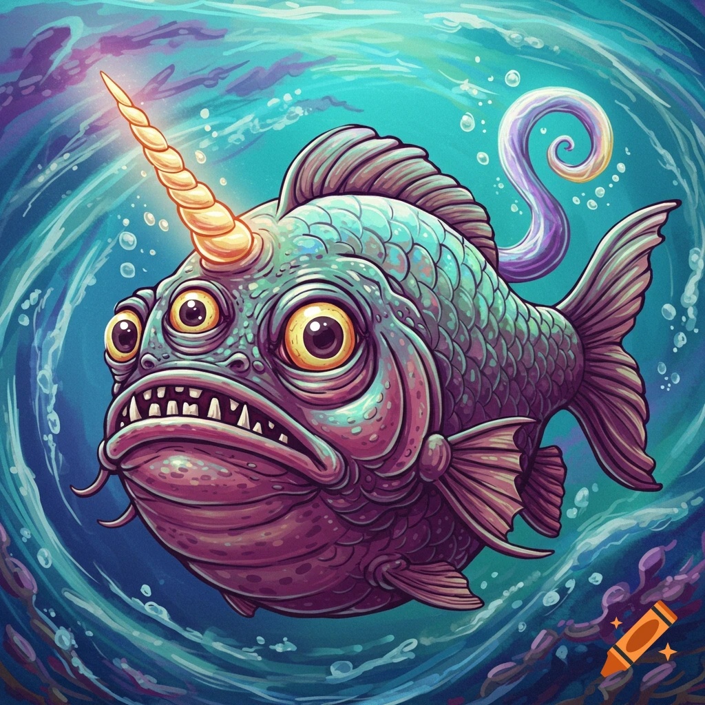 A three-eyed fish with a unicorn horn swims underwater in a colorful setting.
