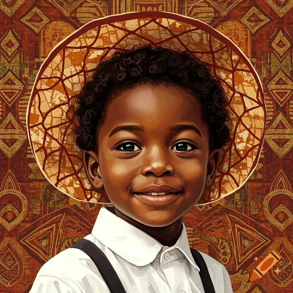 A smiling young Black boy in a white shirt and suspenders against a patterned background.