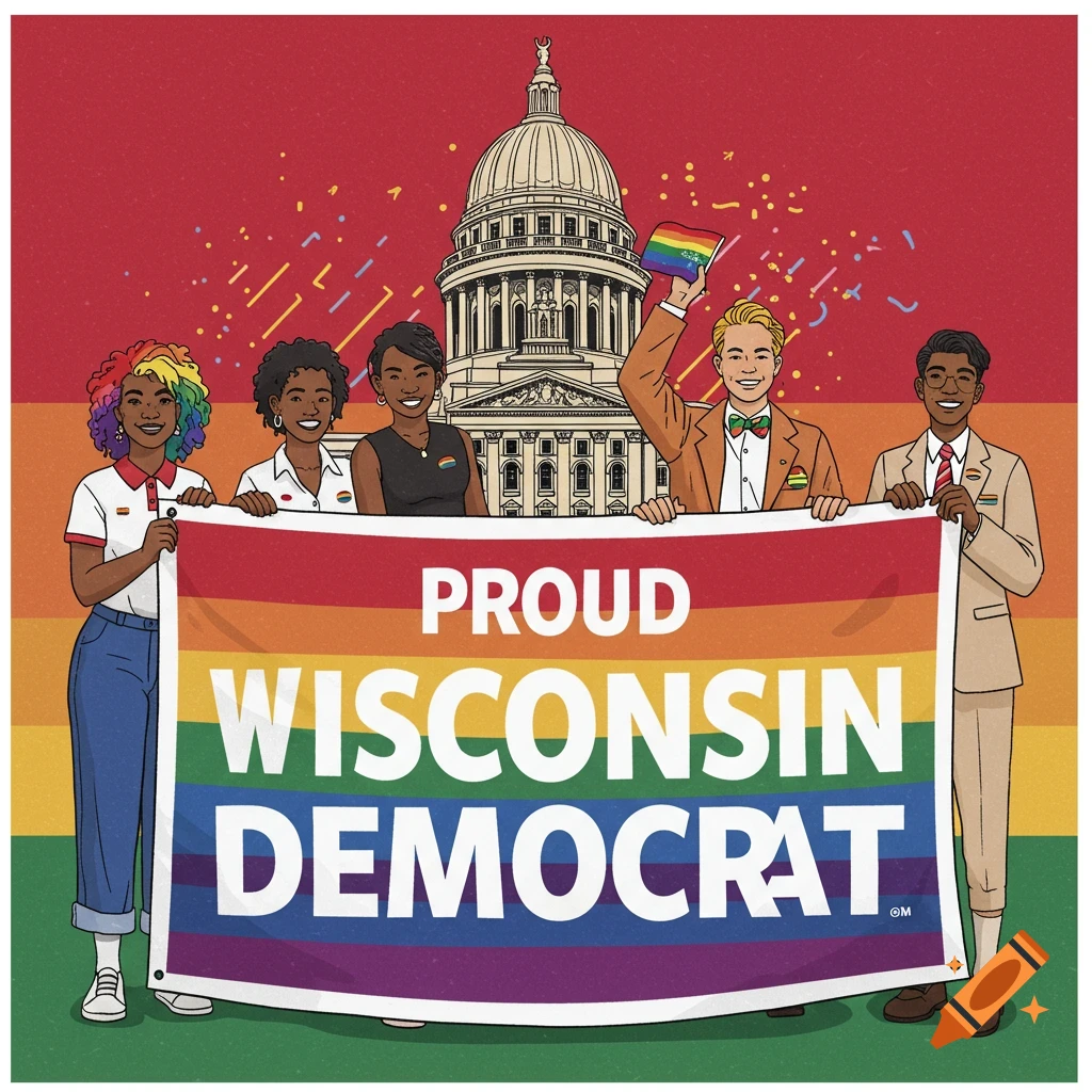 Illustration of diverse people holding a rainbow banner saying "PROUD WISCONSIN DEMOCRAT" in front of a capitol building.