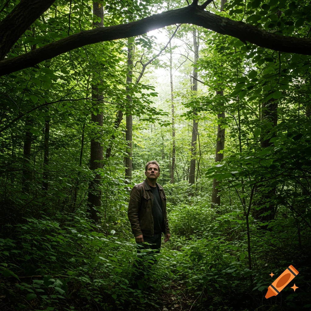 A man stands in a lush green forest, looking up towards the light filtering through the trees. Photorealistic.