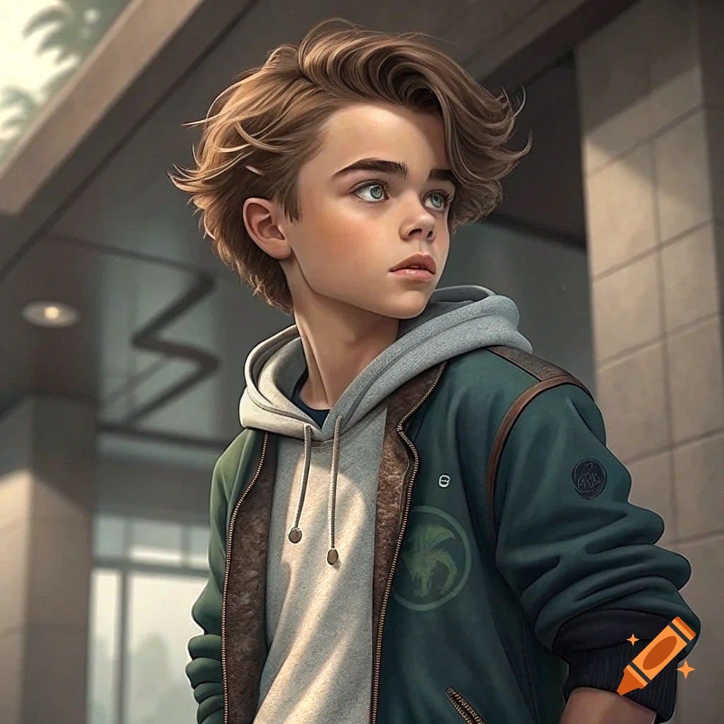 Digital portrait of a young boy in a jacket and hoodie looking away, in an urban setting.