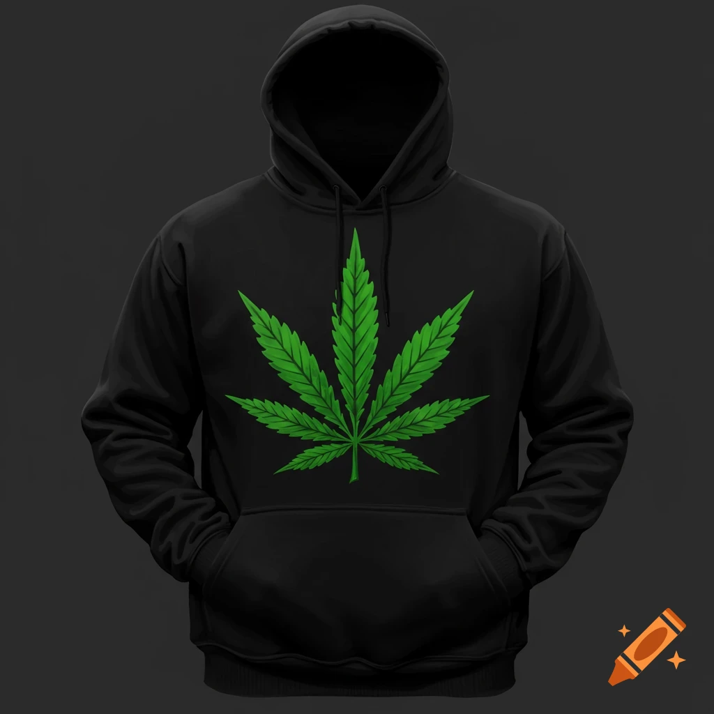 A black hoodie with a green marijuana leaf symbol.