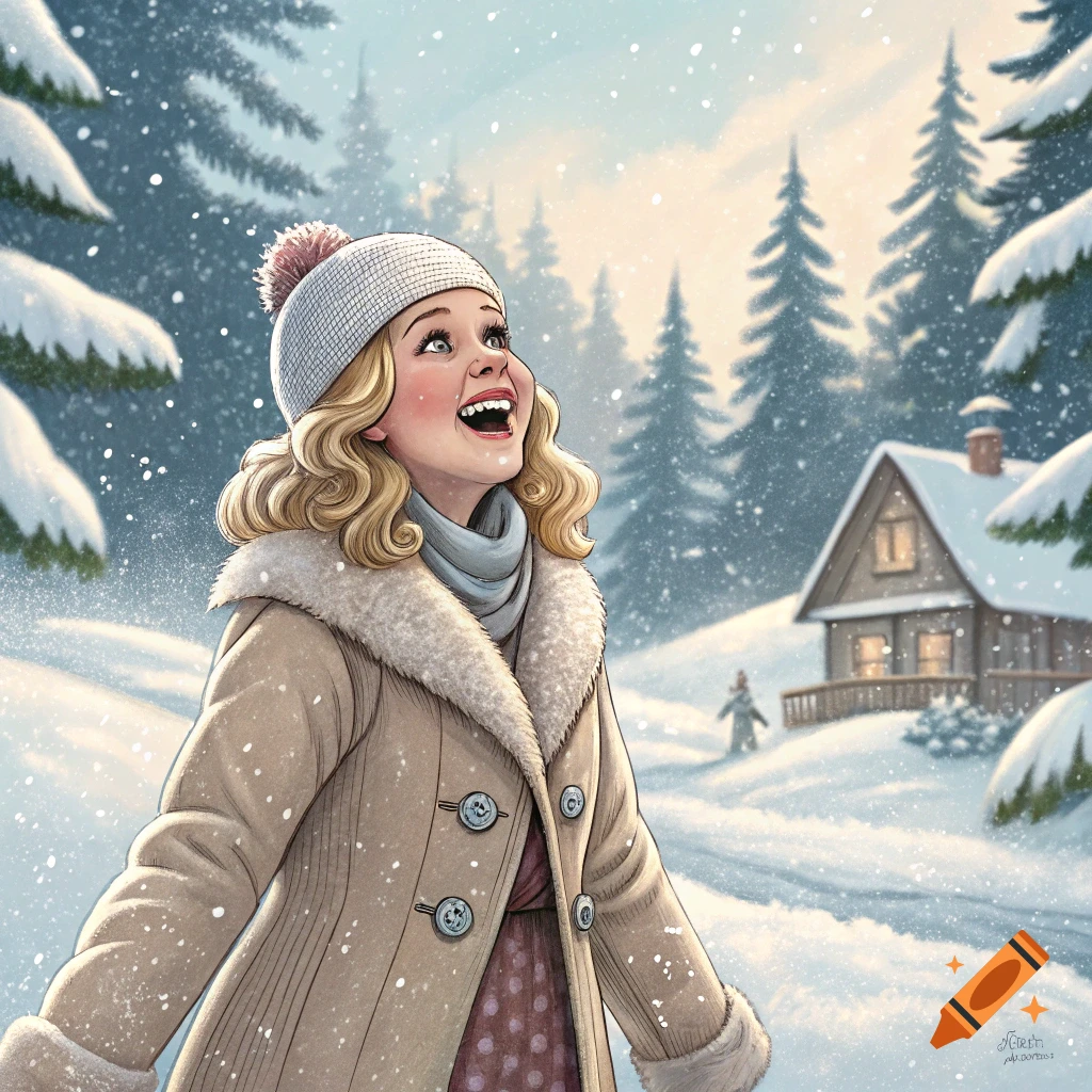 Painted illustration of a young woman smiling up at falling snow in a winter forest scene with a cabin.
