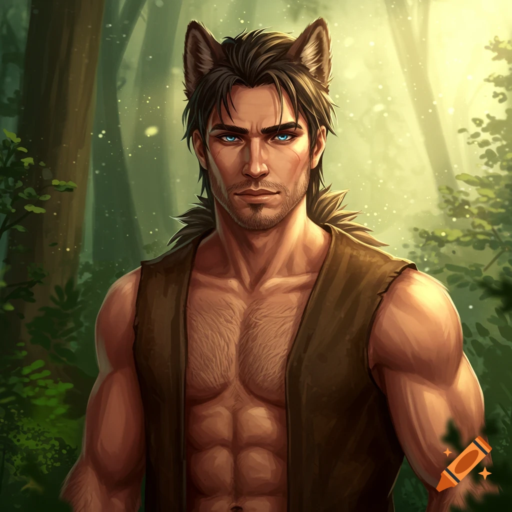 A muscular man with wolf ears is in a forest.