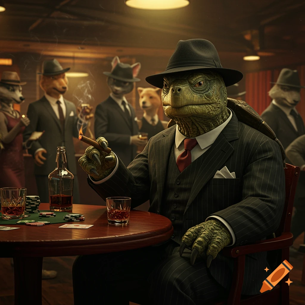 An anthropomorphic turtle in a pinstripe suit and fedora smokes a cigar at a poker table in a dimly lit club with other animals in suits, in a noir style.