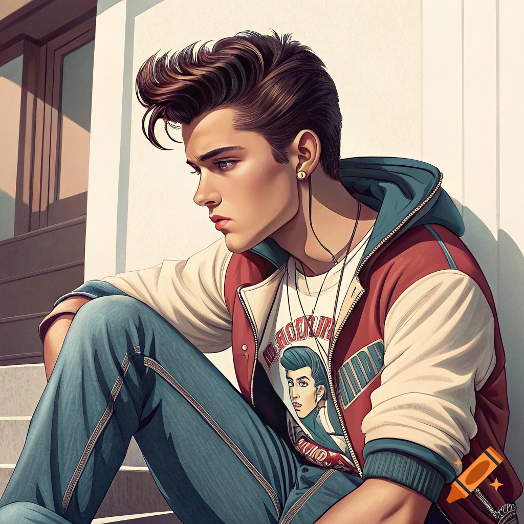Illustration of a teenage boy with a pompadour hairstyle, wearing a jacket and jeans, sitting outside.