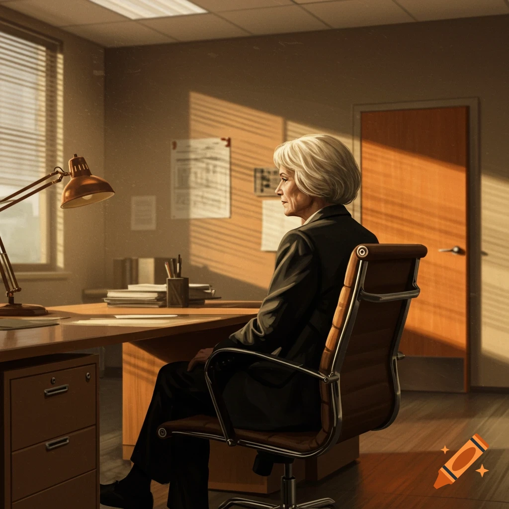 An old woman is sitting at a desk in a sunlit office.