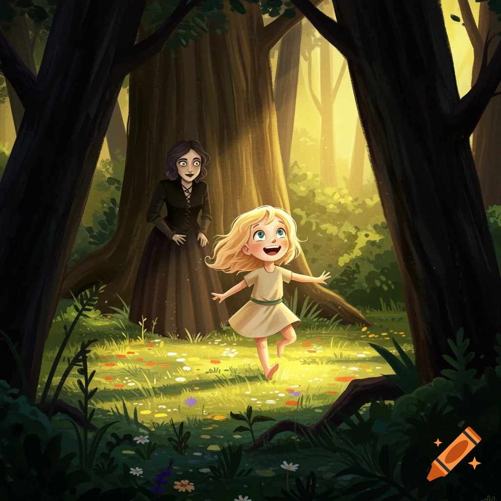 Illustration of a young girl running in a sunlit forest clearing while a woman watches from shadows.