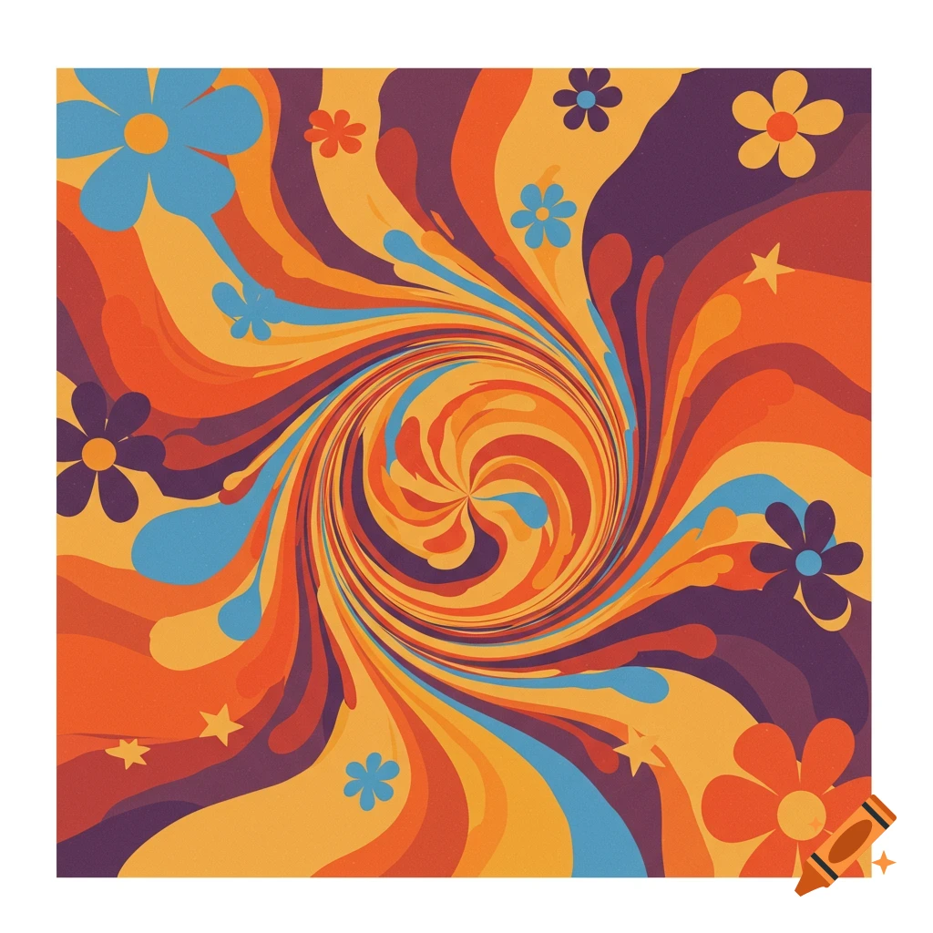 Groovy psychedelic wall art with swirls, flowers, and stars.
