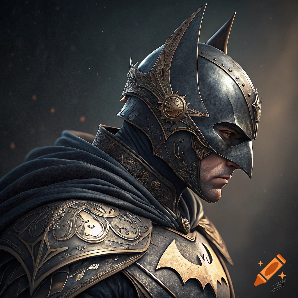 Profile view of Batman in dark knight armor with gold details.