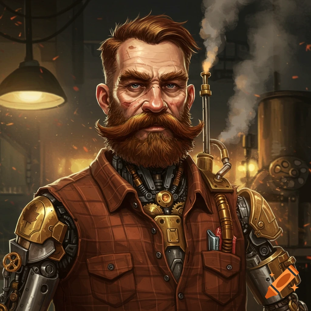 Painting of a steampunk man with mechanical limbs and a beard in a workshop.