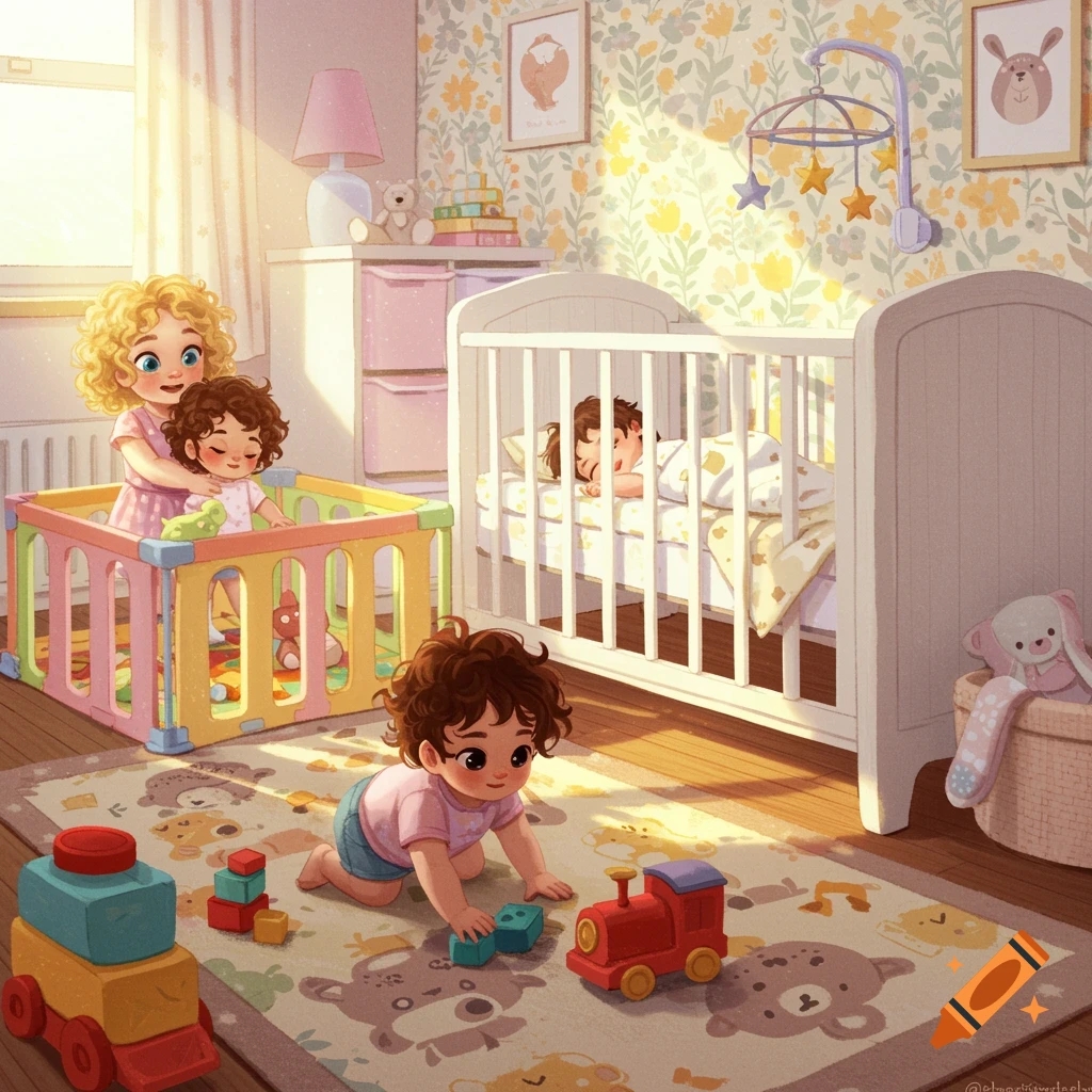 Children playing in a sunlit nursery with toys and a crib.