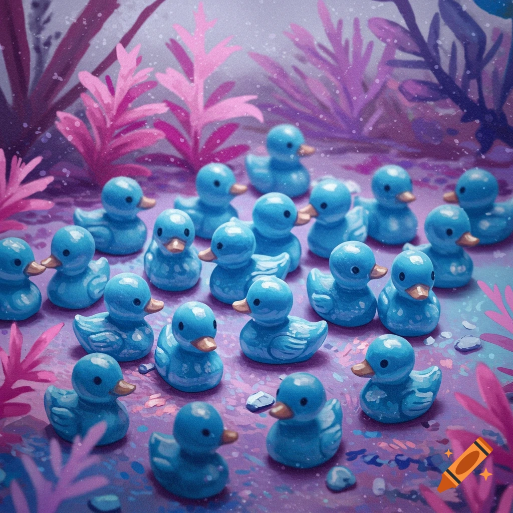 Many tiny blue resin ducks are on a purple surface with pink plants.