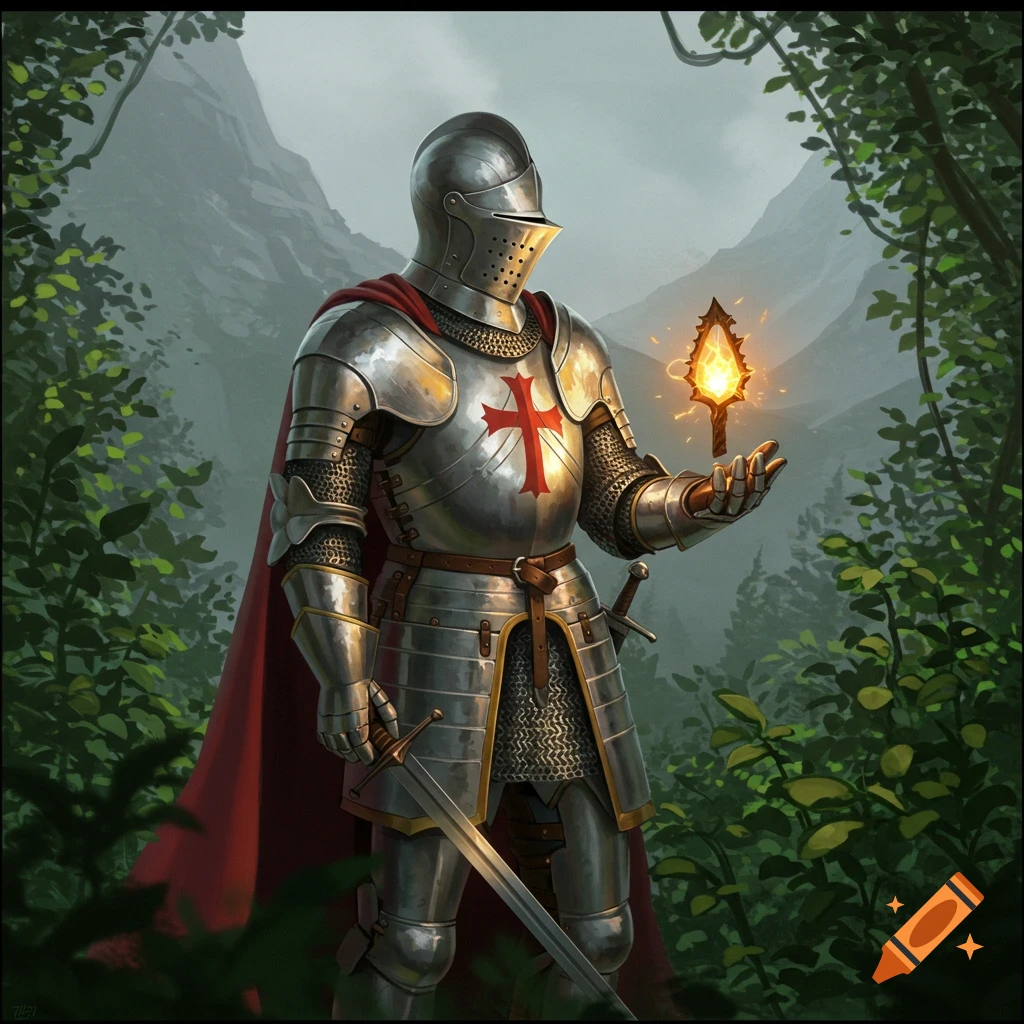 A knight in shining armor holds a glowing torch in a forest.
