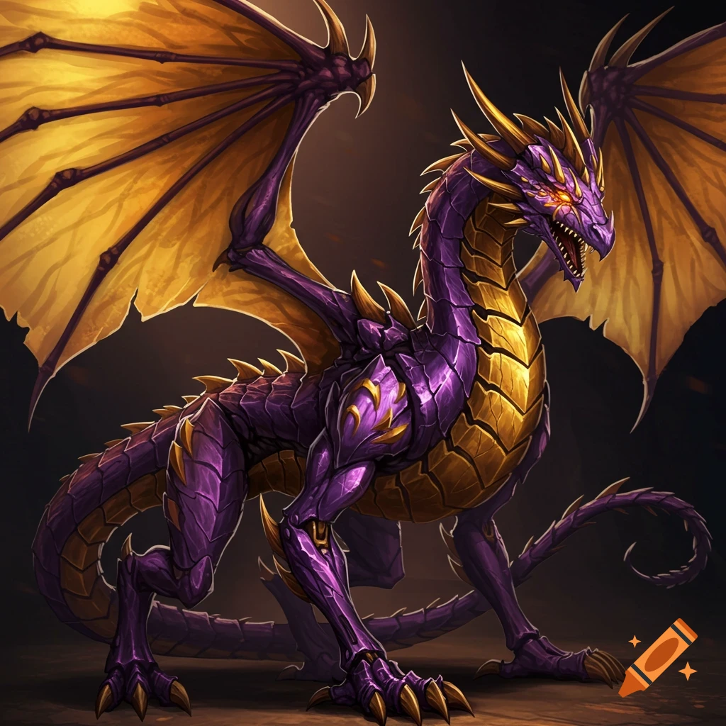 A fierce purple and gold dragon.