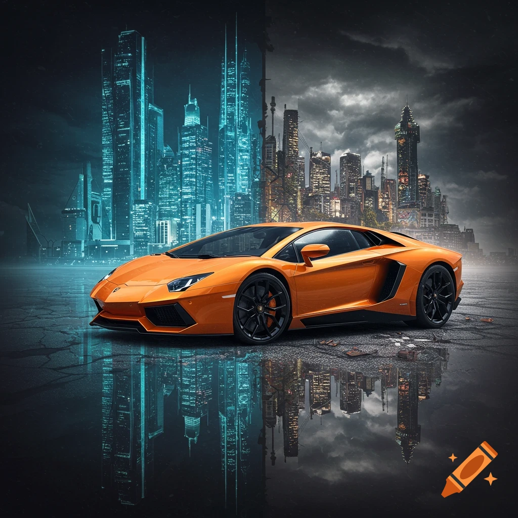 Orange Lamborghini on a street splitting futuristic and ruined cityscapes.