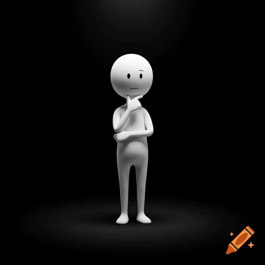 White 3D stick figure in a thinking pose against a black background.