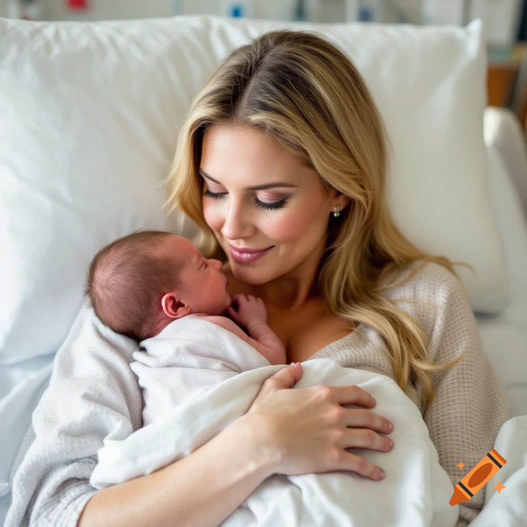 A mother lovingly holds her newborn baby in a hospital bed, soft focus photorealistic style.