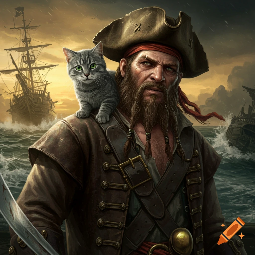 A pirate with a grey tabby cat on his shoulder, with sailing ships behind them.
