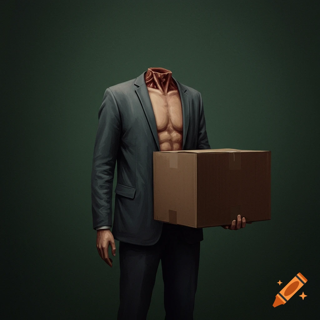 An figure in a suit holding a cardboard box.