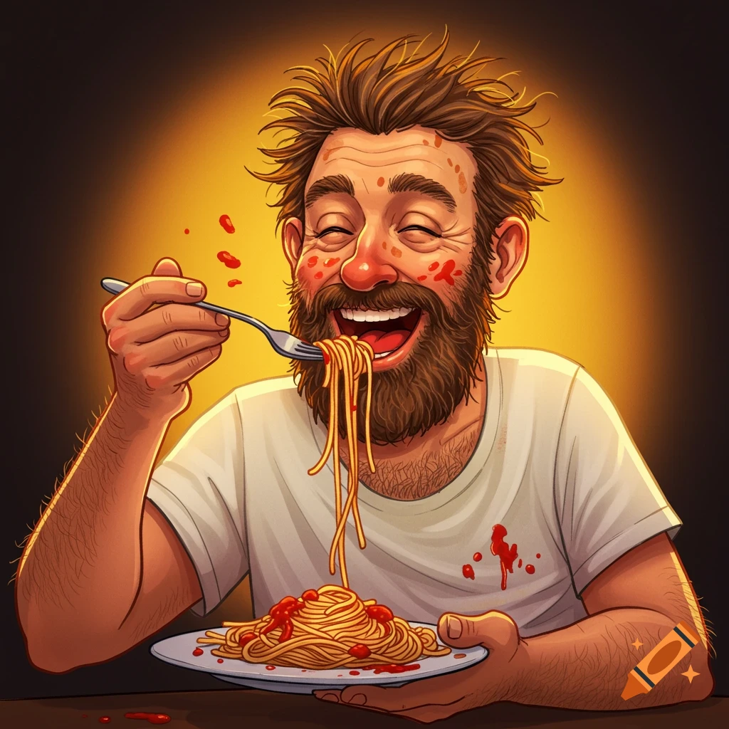 A man with a beard laughs while eating spaghetti messily with a fork.