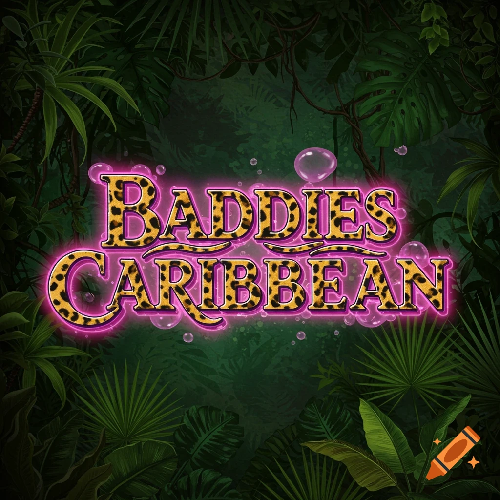 Cheetah print text "Baddies Caribbean" with pink neon outline and bubbles against a jungle background.