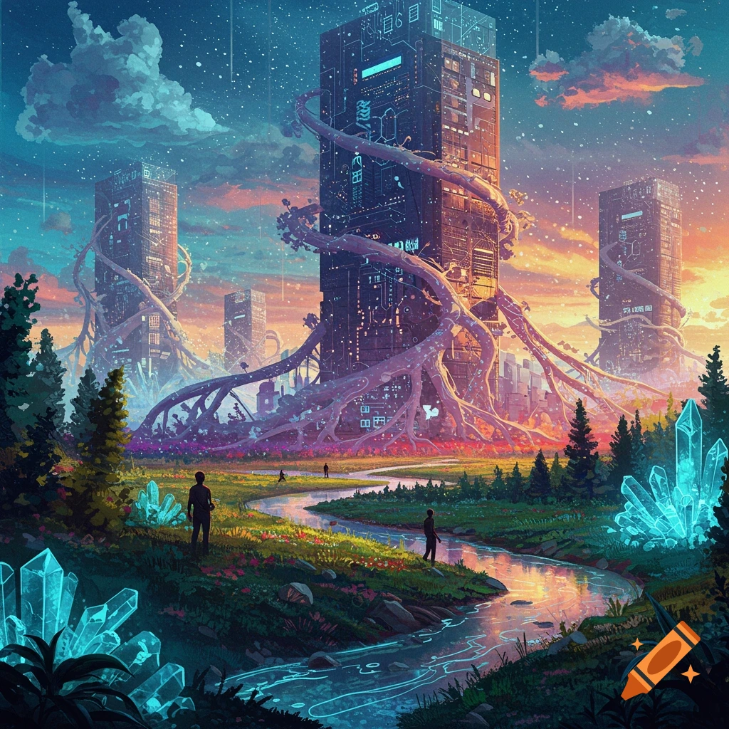 Futuristic buildings integrated with trees and roots, surrounded by a river, forest, and glowing crystals under a colorful sky.