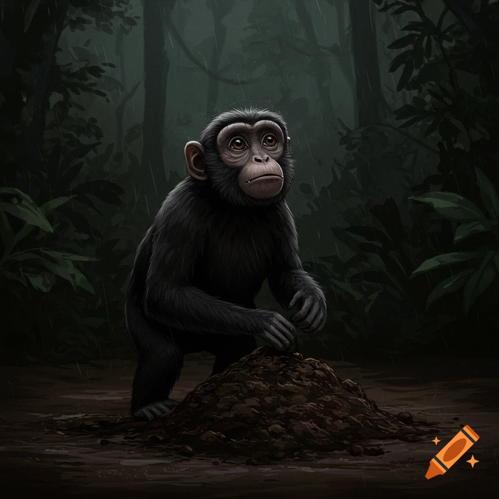 Chimpanzee arranging dirt in a rainy jungle.