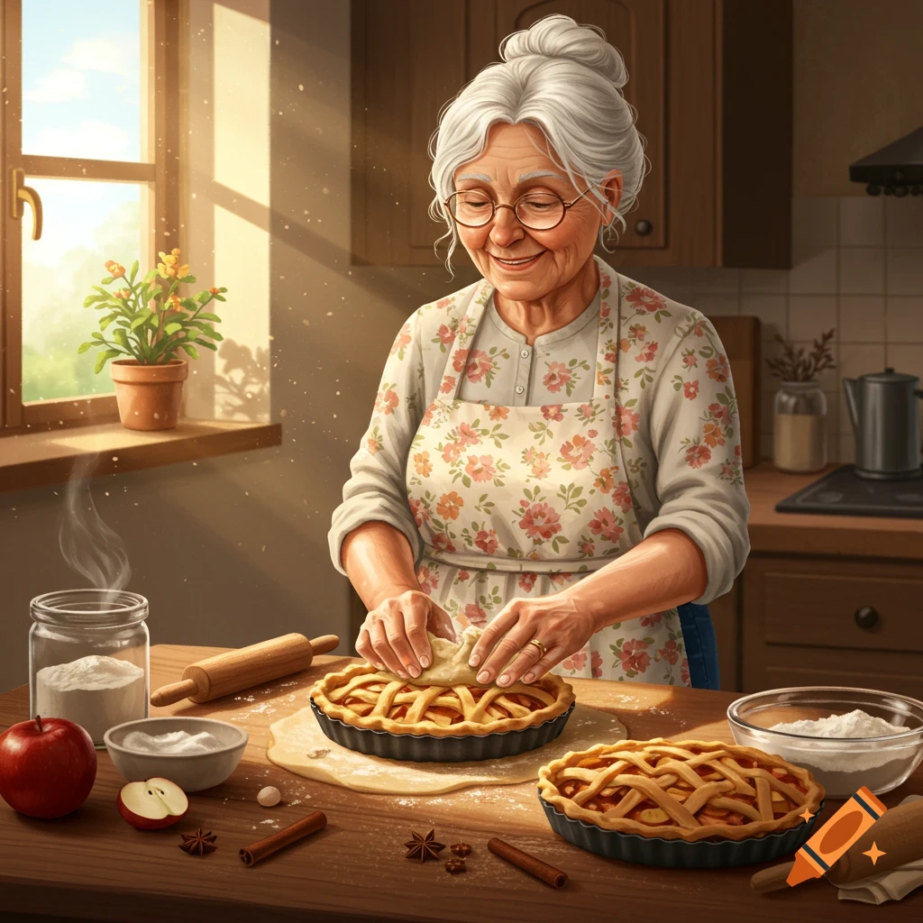 A smiling elderly woman is baking apple pies in a sunlit kitchen.