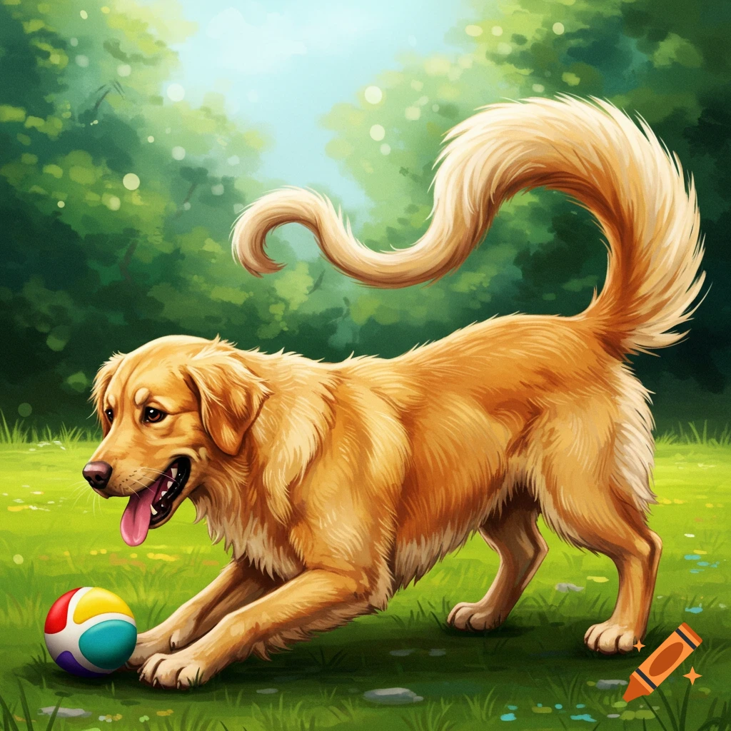 A golden retriever dog with a long curly tail plays with a colorful ball in a grassy park.