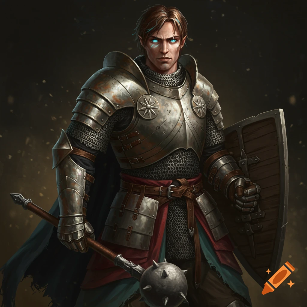 A male fantasy character in detailed chain mail armor holding a mace and shield.