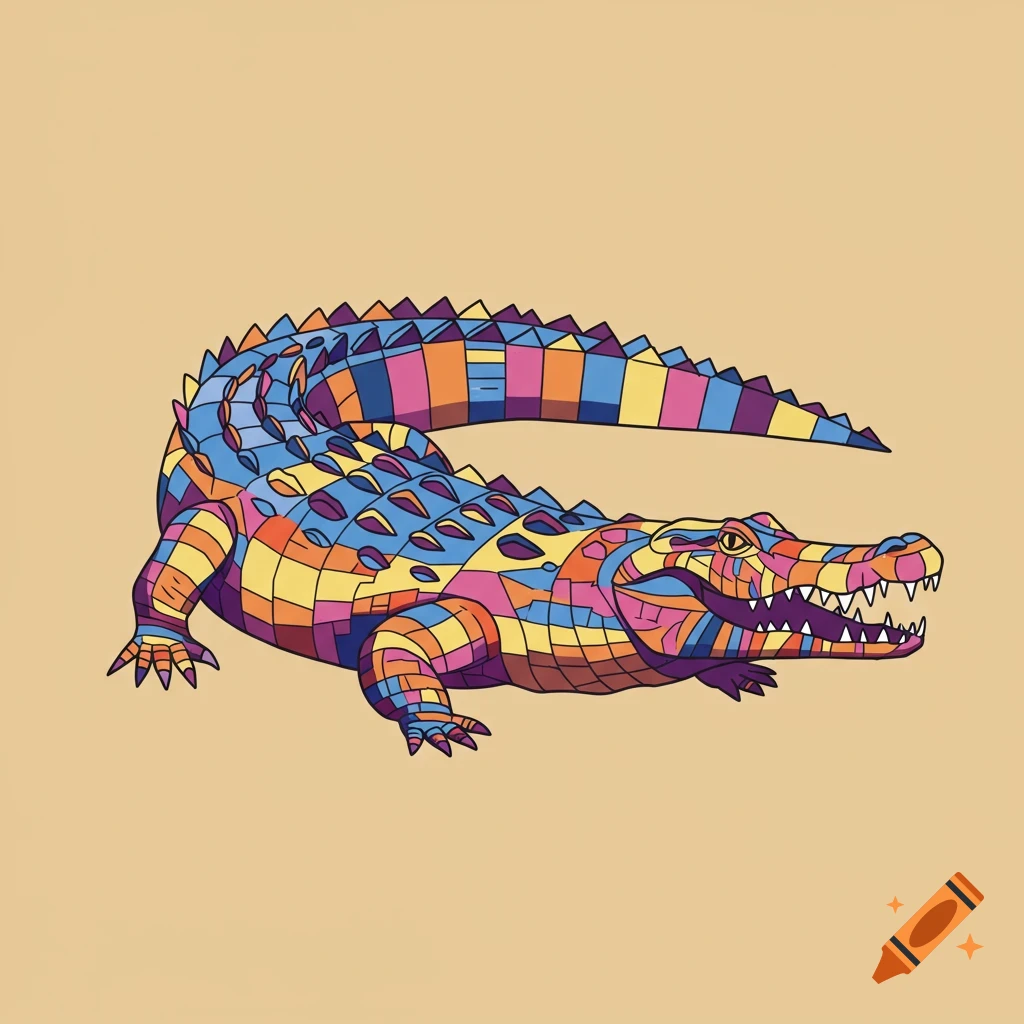 A stylized crocodile with colorful geometric patterns on a tan background.