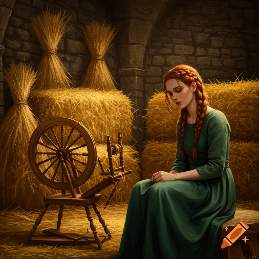 A young woman with braided red hair sits by a spinning wheel in a room with straw bales.