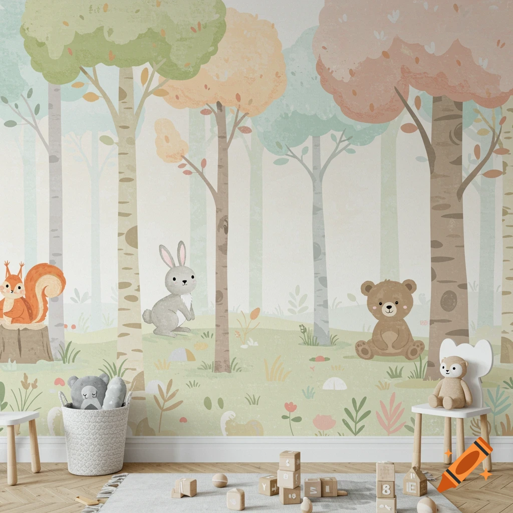 Whimsical nursery wall mural of a pastel forest with cartoon animals including a squirrel, bunny, and bear.