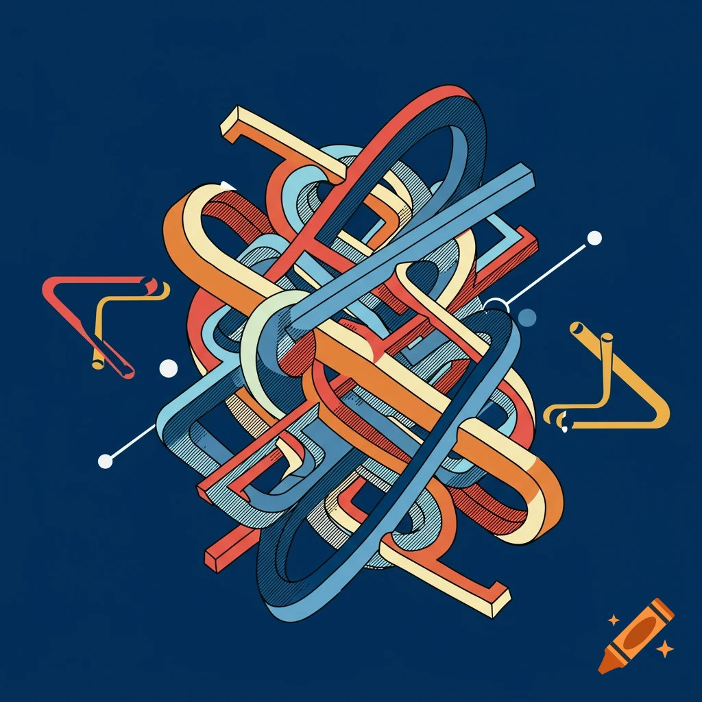 Abstract image of complex intertwined geometric shapes in red, orange, yellow, and blue on a dark blue background.