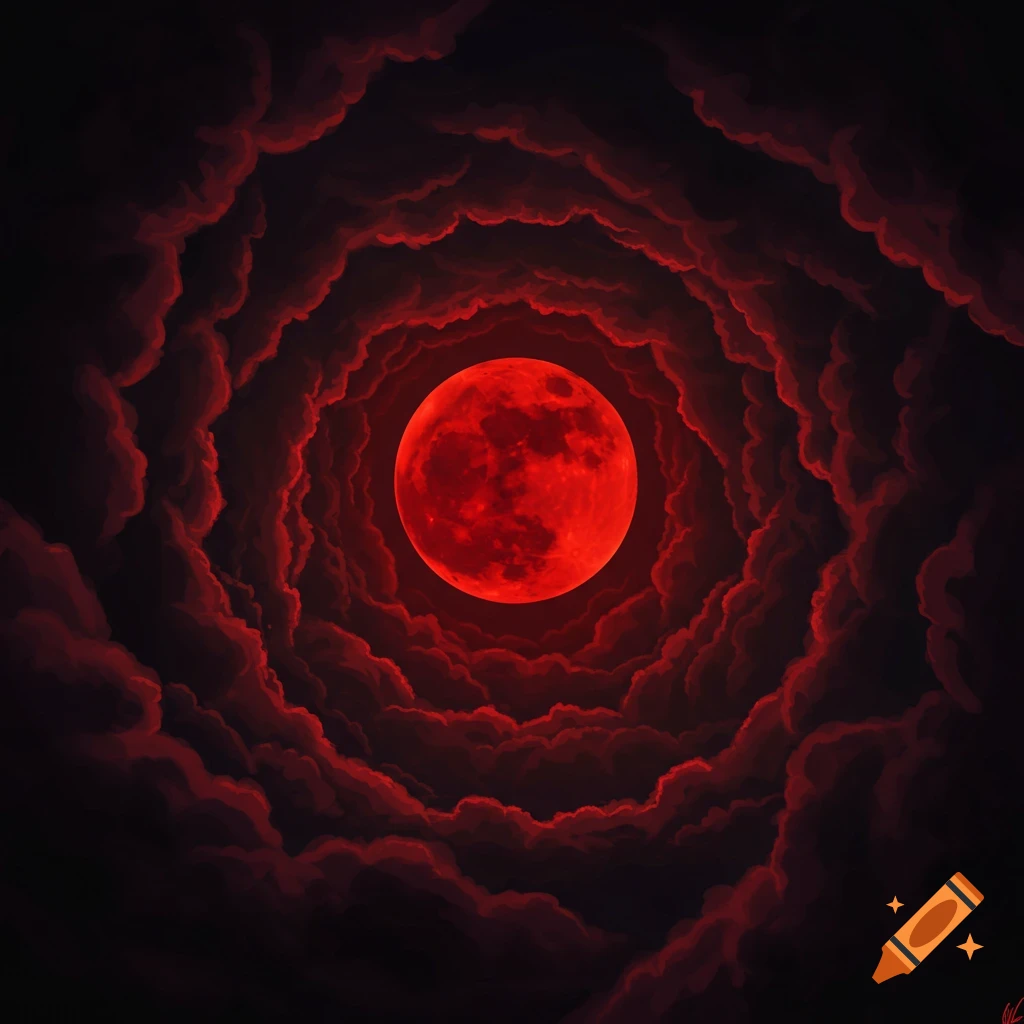 A bright red blood moon surrounded by dark red and black swirling clouds.