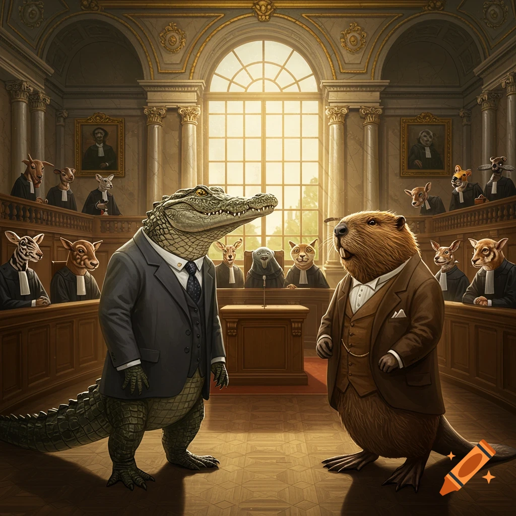 An alligator and a beaver in suits in a courtroom.