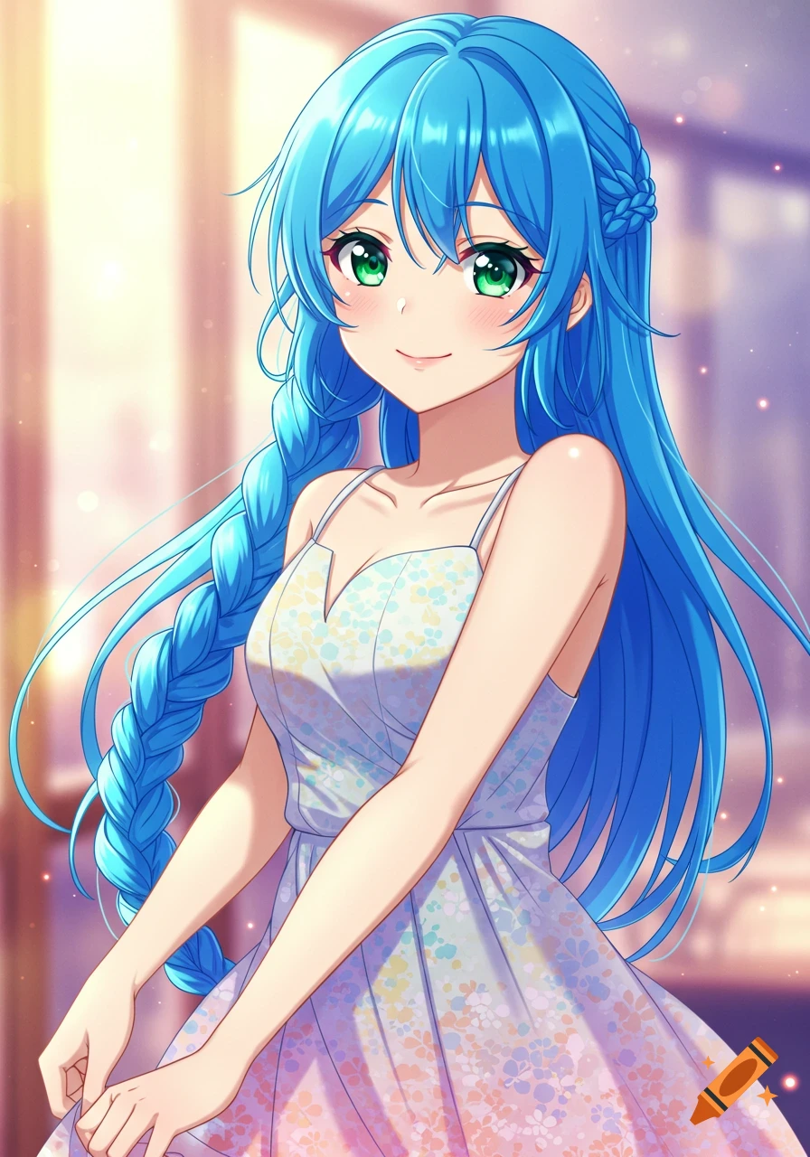 Anime girl with blue hair and green eyes in a floral sundress smiling.