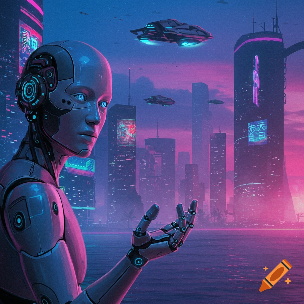 A humanoid robot reaches out its hand towards a futuristic city skyline at sunset, rendered in bright neon colors.