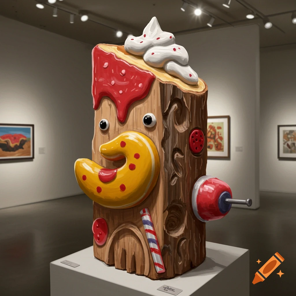 A modern sculpture resembling a decorated log with candy and icing features is displayed in an art gallery.