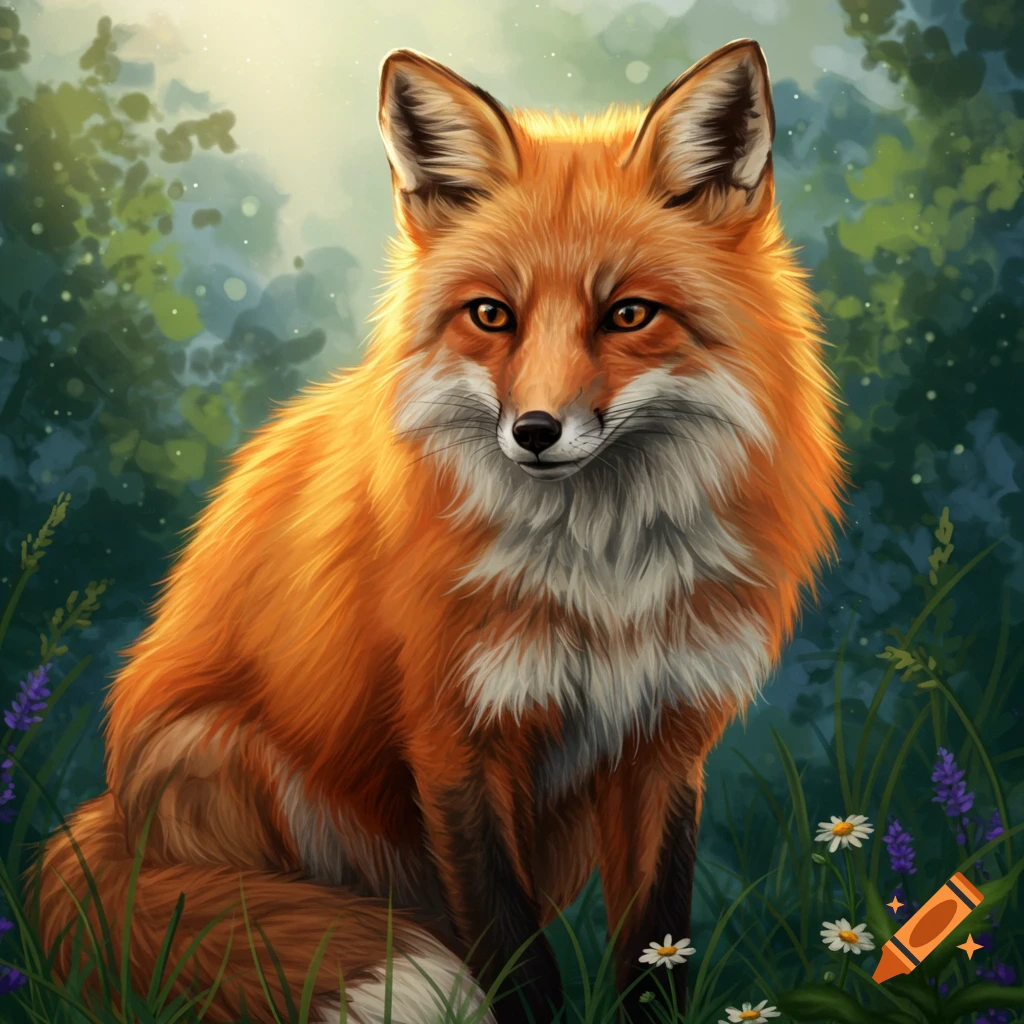 A red fox sitting among grass and flowers in a forest.