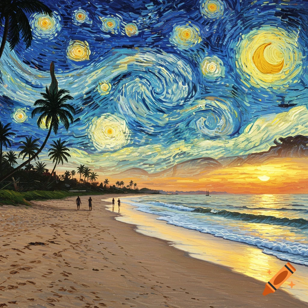 A beach scene with people walking along the shore under a vibrant, swirling Starry Night sky.