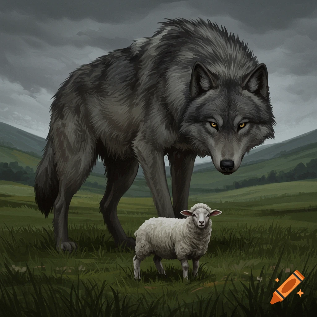 A giant gray wolf looks down at a small white sheep in a green field.