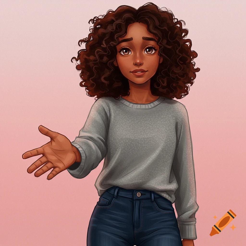 A young person with curly hair reaching out their hand.
