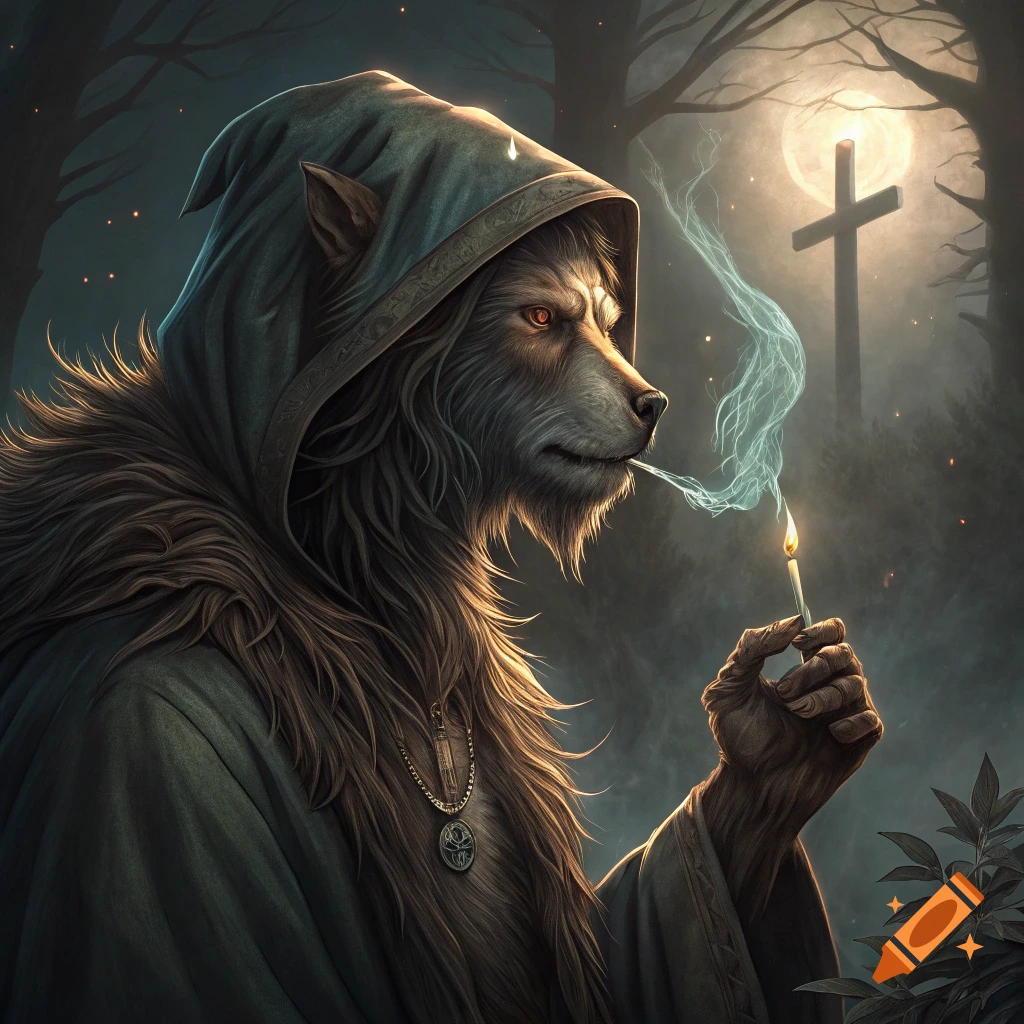 A hooded werewolf figure smokes a cigarette, holding a lit match in a dark forest with a large cross and moon in the background.