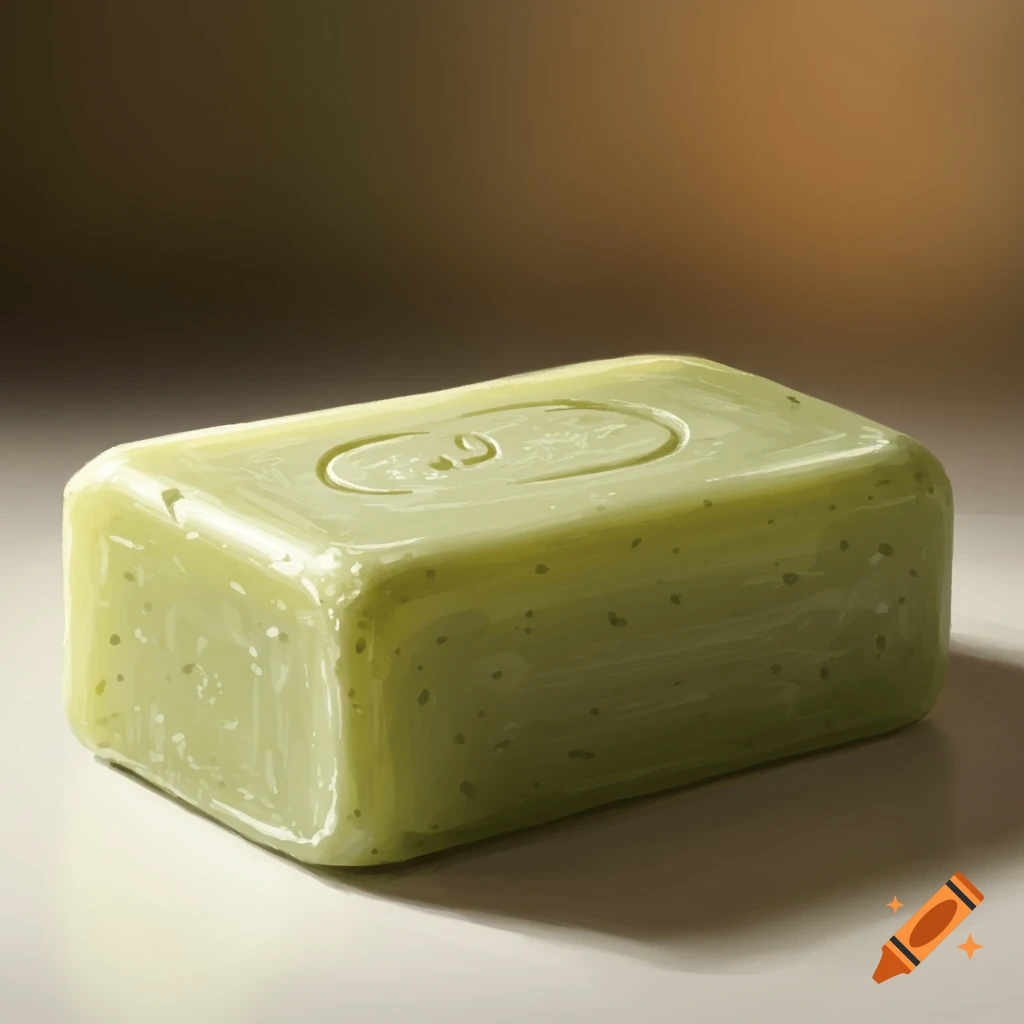 A green bar of olive oil soap with an embossed mark.