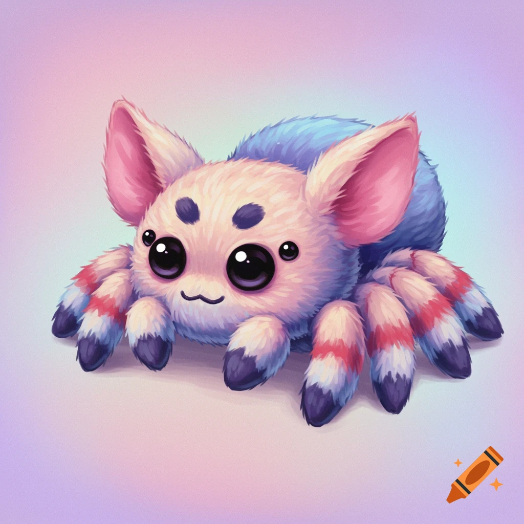 A cute, fluffy fantasy creature with large eyes and multiple legs, in pastel digital art style.